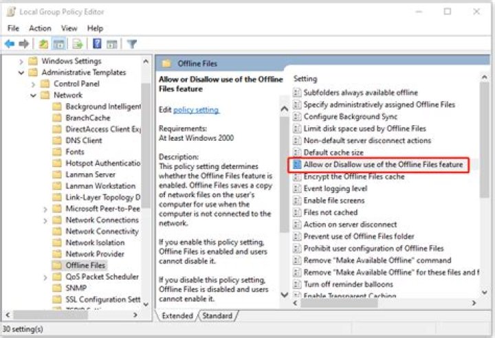 How do I disable offline files for redirected folders?