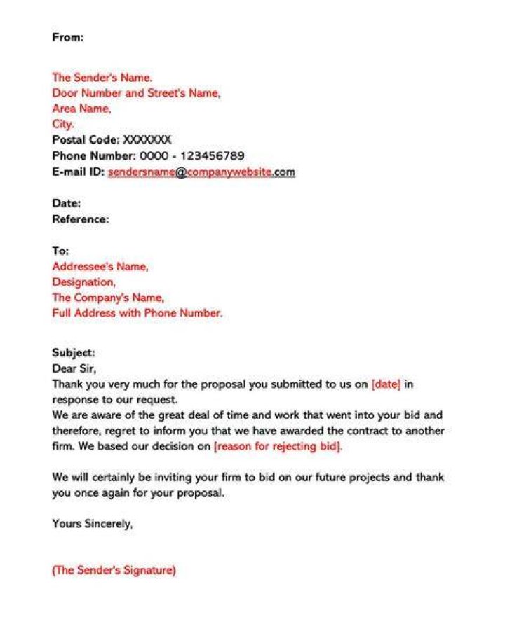How do you write a rejection letter for a bid?