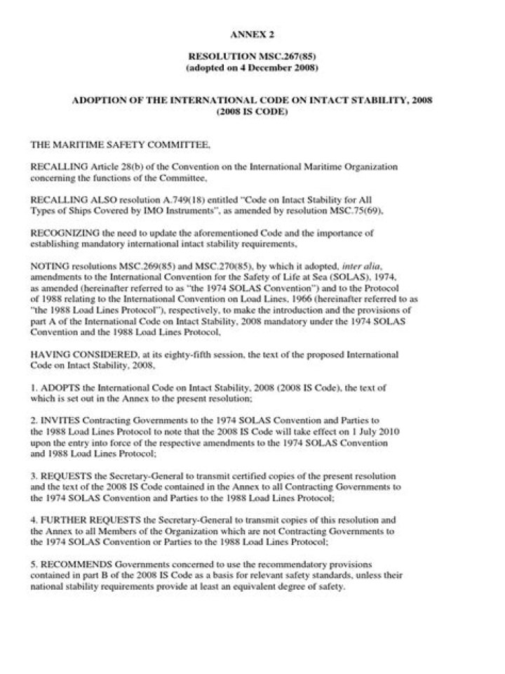 When was intact stability Code 2008 adopted under Resolution MSC 267 85?